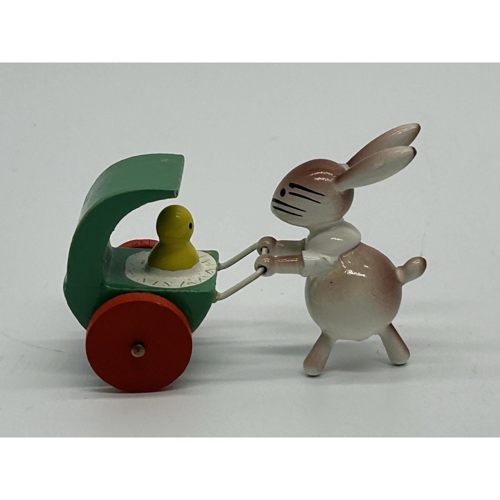 Vintage Goula Spain Bunny Rabbit Pushing Carriage Painted Wood Figure - Picture 3 of 4